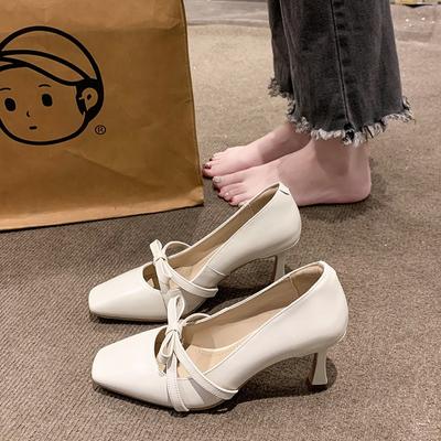 Удобная обувь для женщин Сандалии с ремешками Мэри Джейн Прозрачный каблук Небольшой костюм Женский бежевый квадратный носок Бантик Резинка Стилет