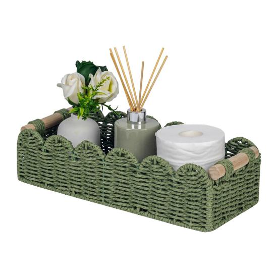 Плетеная корзина для хранения Ручная работа с деревянными ручками для хранения туалетной бумаги Деревенская корзина с фестончатым краем Корзина для ванной комнаты