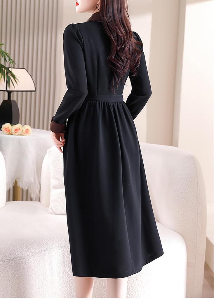 Seira Shirt Long High Retro Perfect for Commuting Women's Dress, Autumn/Winter, Sleeve, Knee-Length, Fold-Over Collar, Waist, A-Line, Style, Slimming,