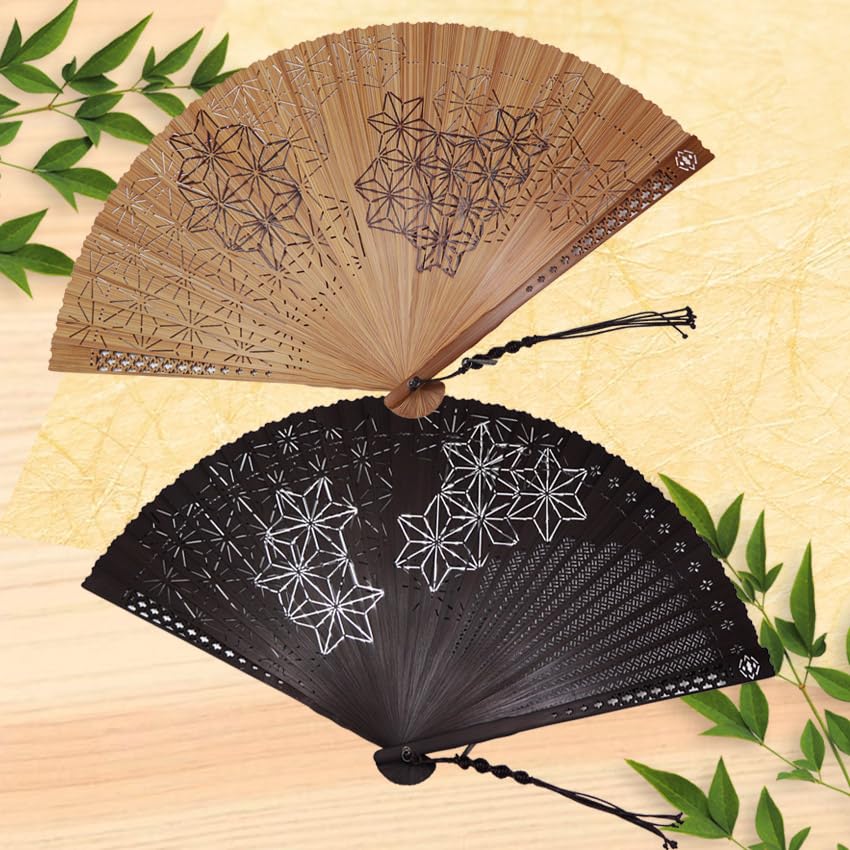 Fan Fan Set with Hemp Fan [Osaka Choseido] Fan, Men's, Fashionable, Business, Bag, Holder, Handkerchief, Leaf, Full-bones (Brown)