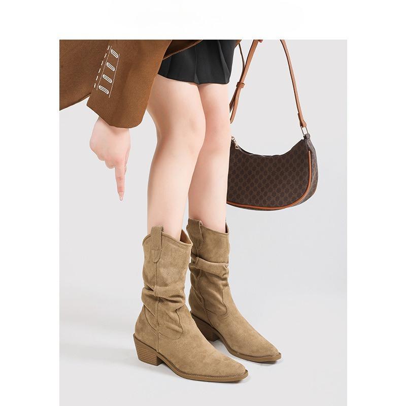 Остроносые тонкие короткие ботинки ботинки Мартин женские новые осенне-зимние ретро толстый каблук рыцарские ботинки плиссированные западные ботинки с подкладкой