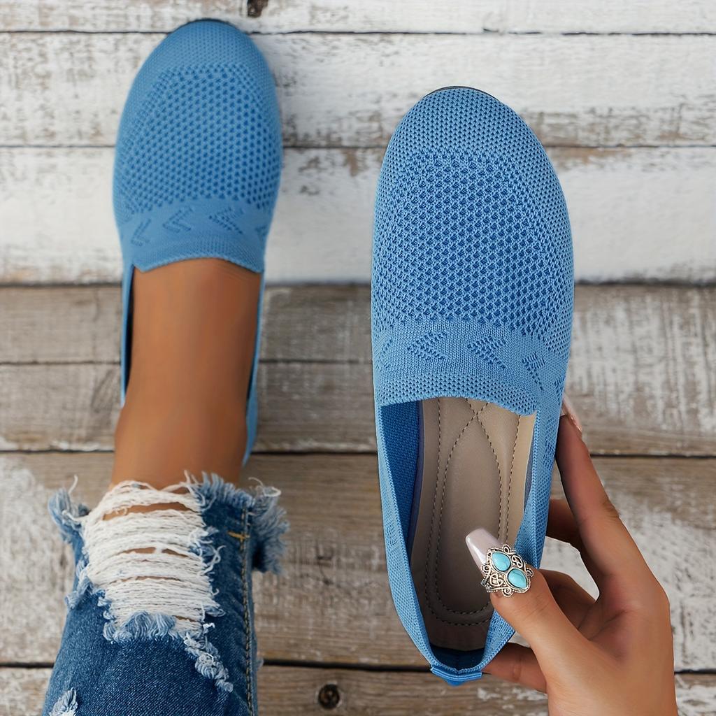 Flat Round Toe Knitted Shoes, Women's Solid Color Slip On Walking Mesh Shoes, Breathable Daily Footwear