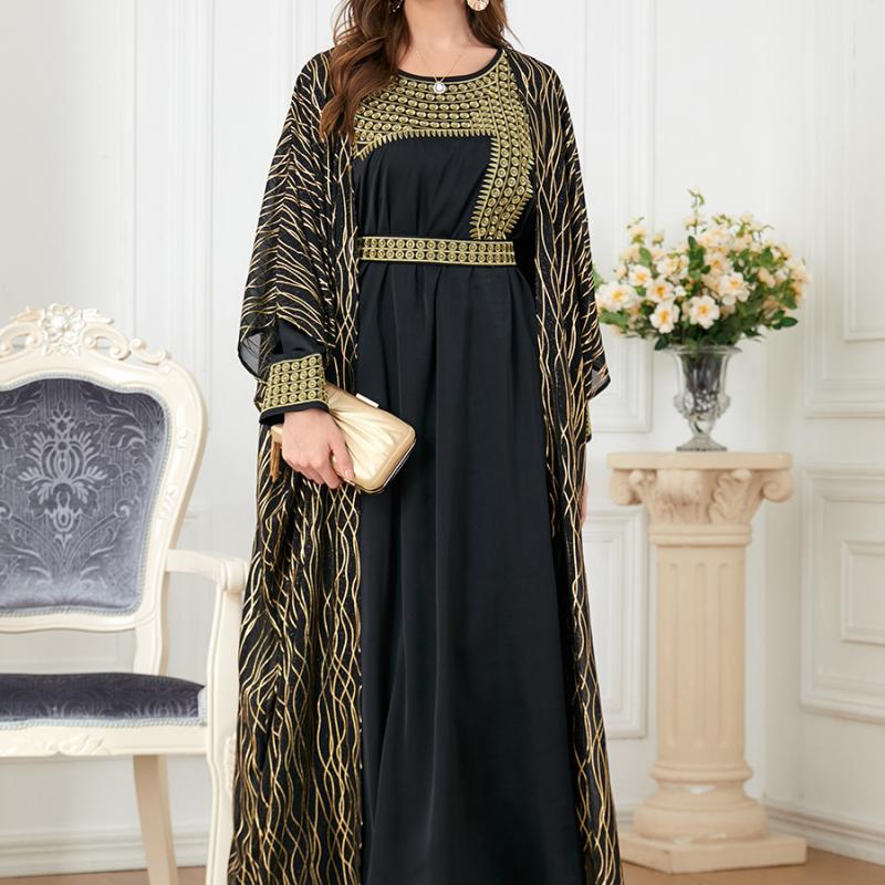 Ближневосточное мусульманское женское абайя с круглым вырезом, вышитым и позолоченным, с длинными рукавами, европейское и американское внешнеторговое платье из двух частей
