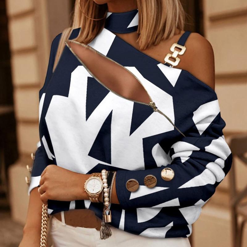 BITCED Женский осенне-зимний топ с длинным рукавом и цепочкой на шее, украшенный пуговицами с принтом