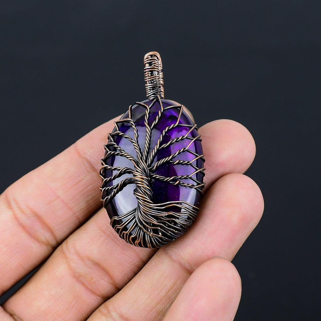 Древо Жизни Фиолетовый Флэш Лабрадорит Драгоценный Камень Чистая Медная Проволока Обернутая Ювелирные Изделия Ручной Работы Подвеска