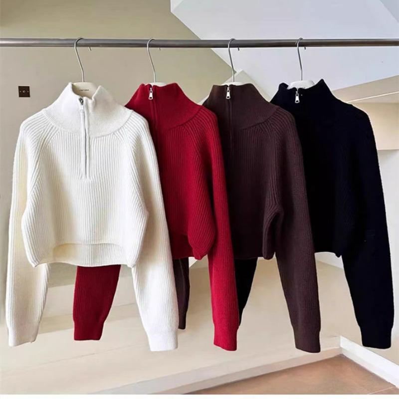 Design Sense Half-turtleneck Ladies Zipper Red Sweater, Spring and Autumn New High-waisted Sweater Loose and Thickened 6974#