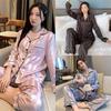 Spring and Autumn Ladies Ice Silk Pajamas Homewear Suit Female Long-Sleeved Simulation Silk Sweet Striped Homewear Suit