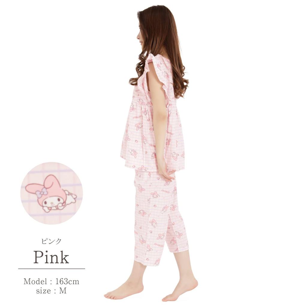 SAN1481 Checkered My Melody Frill Short Long [SAZAC] Pajamas, Women's, Sleeves, Pants, Loungewear, Mymelody, Sanrio, Pink/L