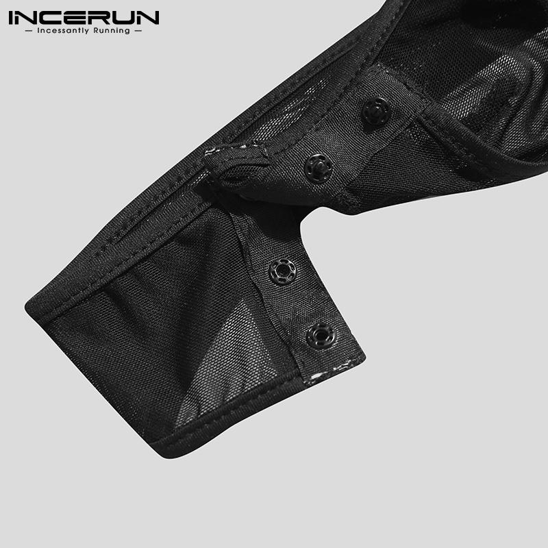 INCERUN Летние прозрачные мужские модные рубашки с длинными рукавами и жилет, комбинезон, трико, облегающие секст-клубные боди, S-5XL