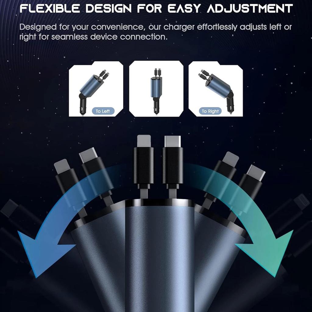 Сверхбыстрая зарядка 120 Вт Автомобильное зарядное устройство 4-в-1 с выдвижным кабелем