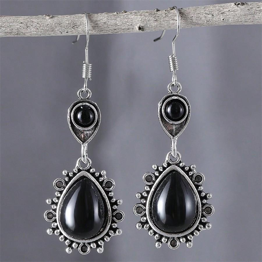 1pair Vintage Black Drop Dangle Earrings,Black Synthetic Gemstone Geometric Triangle Hollow Out Design Boho Jewelry Accessories for Women Daily Wear