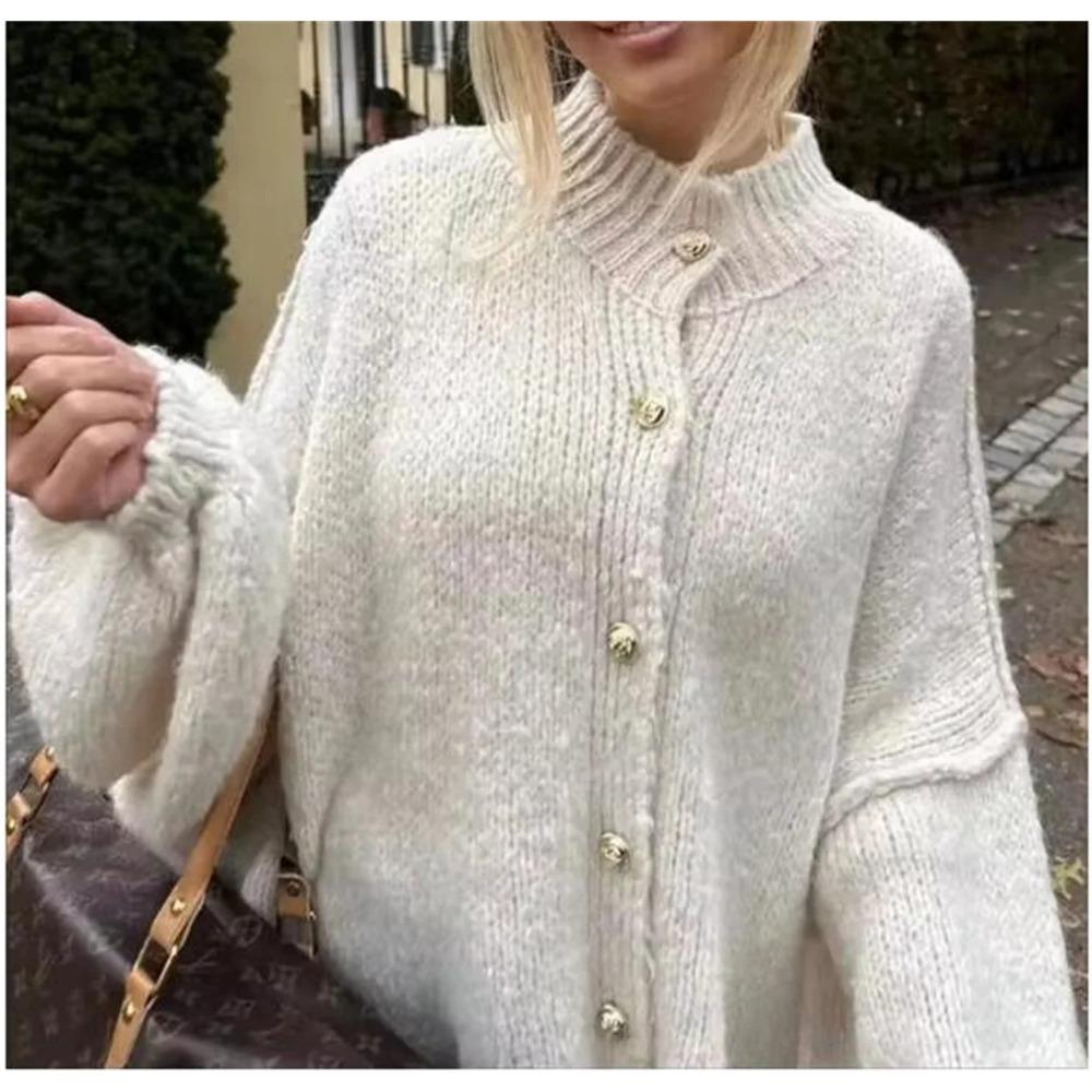 Fashion Loose Sweater for Women O-neck Metal Button Cardigan Single Breasted Autumn Winter Casual Coat Female Outfit Tops