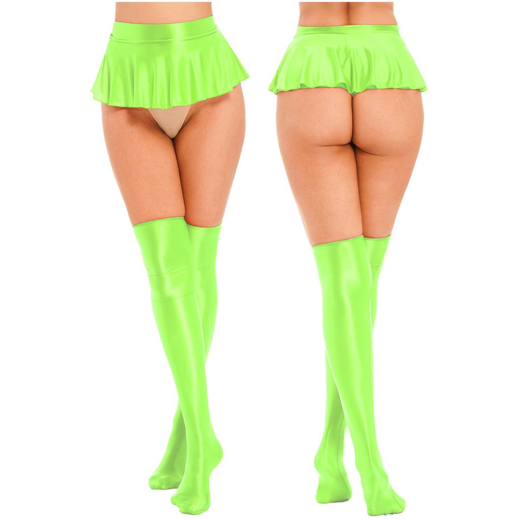 Womens Glossy Ruffled Miniskirt Pool Party Beach Bikini Bottoms Cover Ups with Thigh High Stockings