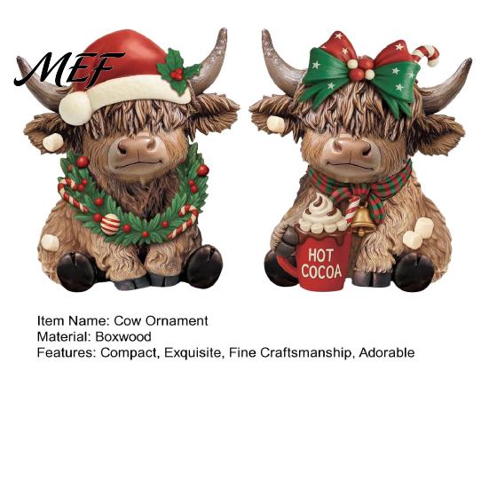 Decorative Dairy Cow Figures 2/3Pcs Christmas Highland Wooden Tabletop Sign, 2D Flat Yak Hat Figurine Ornament with Garland Bow Hat, Festive
