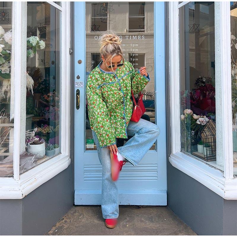 New Floral Printed Long Sleeve Jacket Women Round Neck Contrasting Colors Button Pockets Clothing Ethnic Harajuku Vintage Quilted Cotton Coats