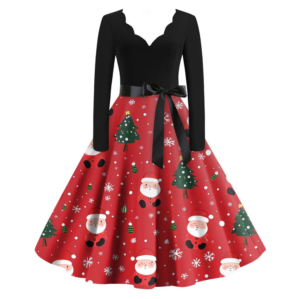 Женские модные повседневные тонкие рождественские платья с длинным рукавом с v-образным вырезом и принтом