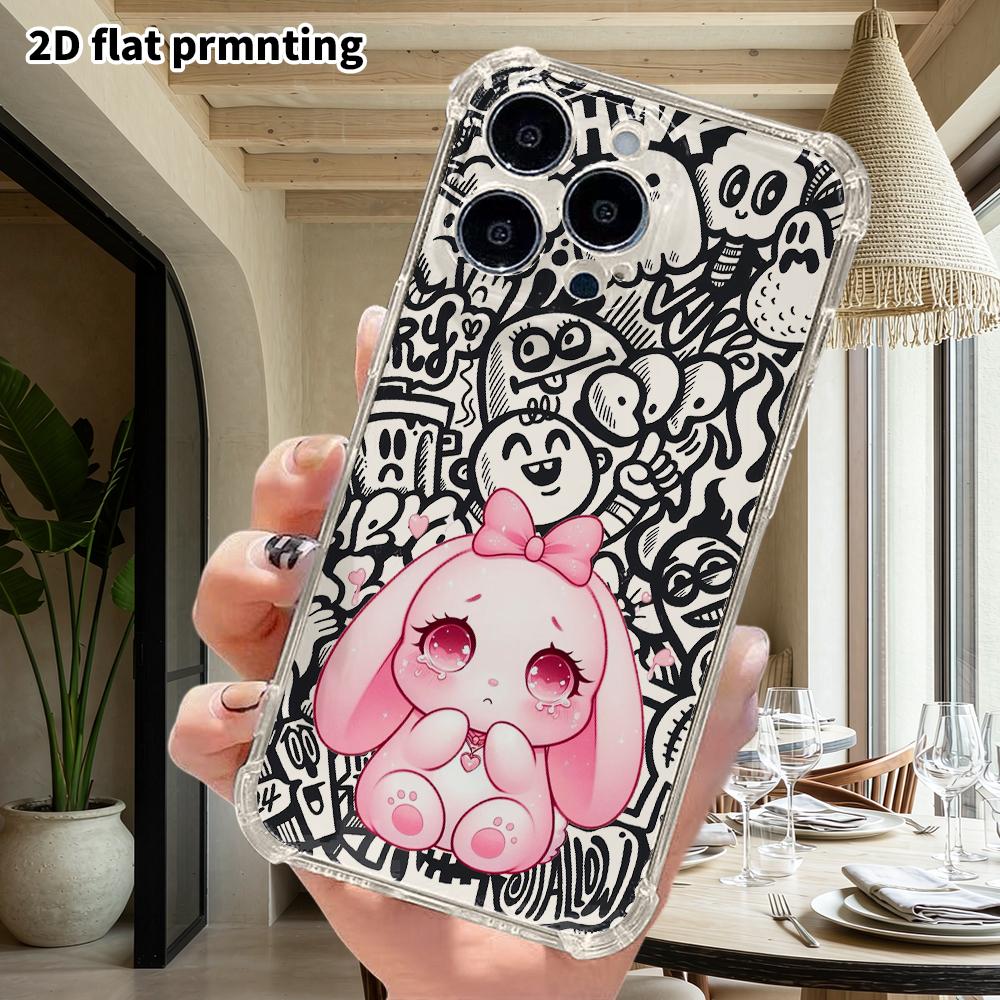 Phone Case: 2D flat suitable for iPhone 18 17 16 15 14 13 Pro, transparent corner protection case, pink floppy eared bunny, Christmas and Halloween gi