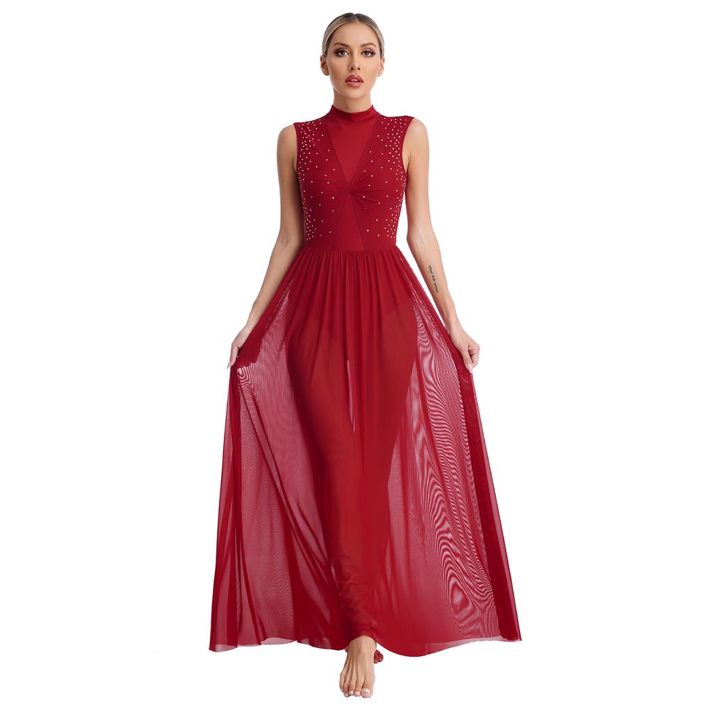Женское блестящее платье для лирического танца со стразами, сценический костюм, имитация шеи, без рукавов, с открытой спиной, с поворотом спереди, прозрачная сетчатая накладка, трико, платья