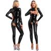 Womens Hollow Out Crotchless Jumpsuit Open Chest Long Sleeve Catsuit Mock Neck Zipper Back Patent Leather Bodysuit