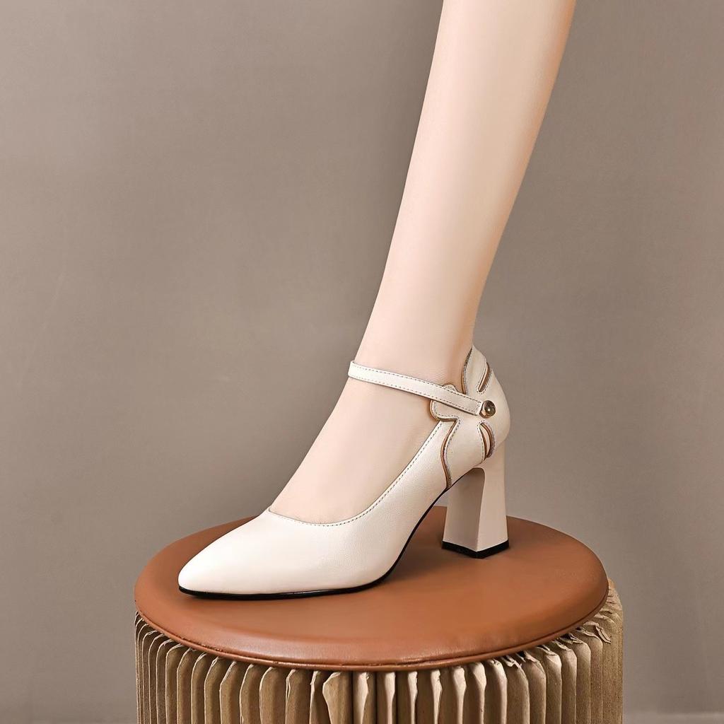 Модные роскошные туфли на высоком каблуке с острым носком, весна 2024, новые туфли с цветочным принтом и неглубокой полоской на толстом каблуке, элегантные женские повседневные модные туфли