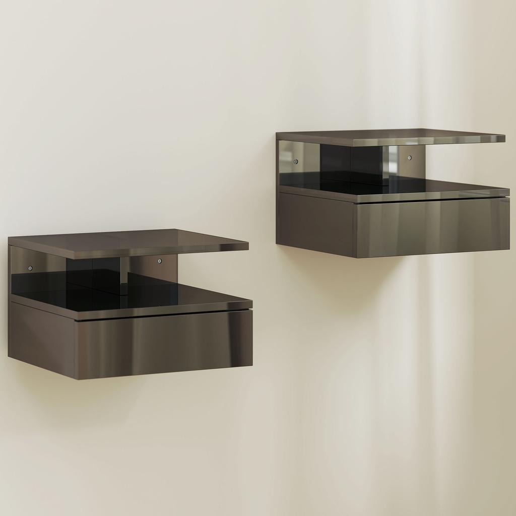 2 Floating Nightstands With 1 Drawer And Open Shelf Modern Design 35x32x22.5 Cm Glossy Black