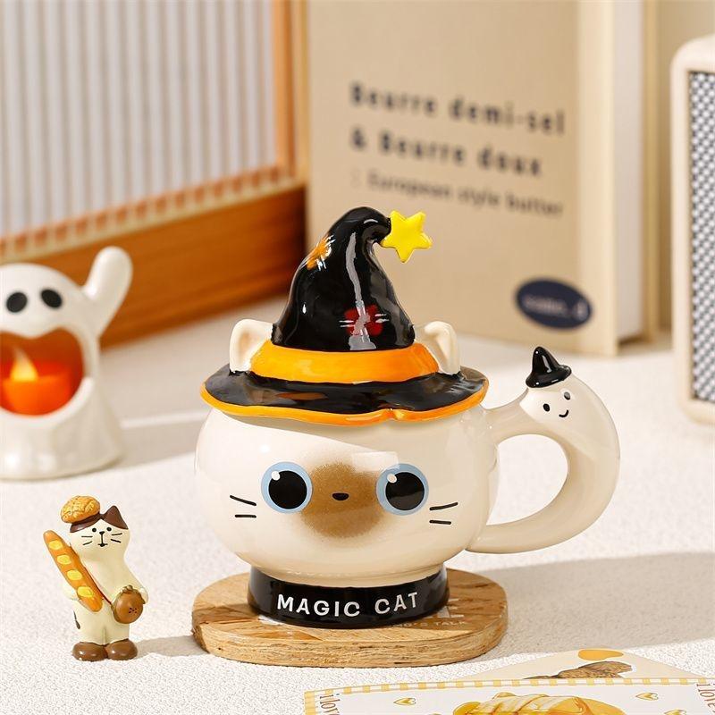 14x7cm Ceramic Cat Mug With Lid Witch Hat Coffee Cup Cute Halloween Tea Milk Cup Water Mug Birthday Gift For Girls Couple