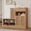 Shoe Cabinet with Padded Bench, 3 Woven Rattan Doors and 1 Drawer, Storage Cabinet with Shoe Rack for Hallway, Wood Look, W142xD35xH110 cm