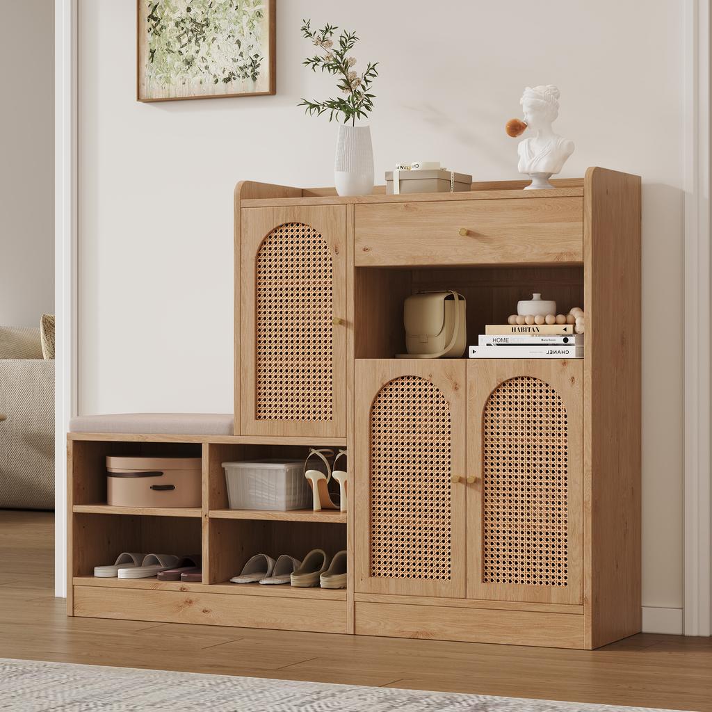 Shoe Cabinet with Padded Bench, 3 Woven Rattan Doors and 1 Drawer, Storage Cabinet with Shoe Rack for Hallway, Wood Look, W142xD35xH110 cm