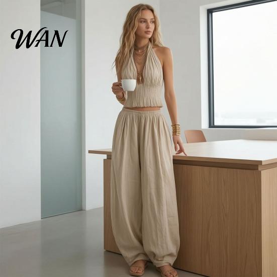 V-neck Women Top Women's Halter Sleeveless Summer 2 Piece Sets, Pleated Ruffle Backless Simple Clothing Set V Neck And Wide Leg Pants Matching Outfits