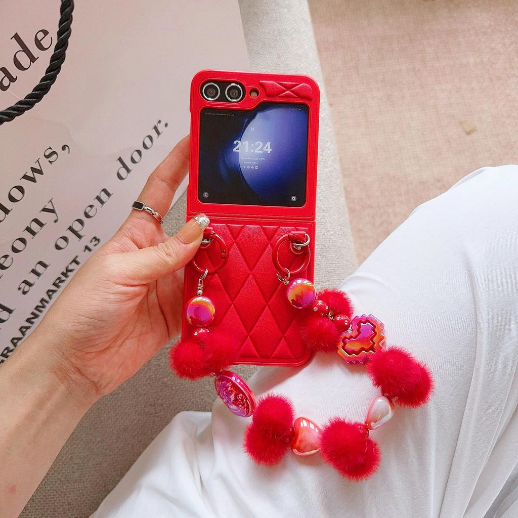 Cute Bobbles PU Leather Heart Wrist Strap Phone Case for Samsung Galaxy Z Flip 6 5 5G Hinge Protection Shockproof Cover