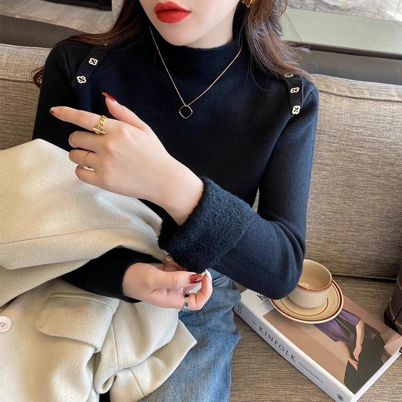 Fleece Thickened Bottoming Shirt Women's Winter New Integrated Fleece Sweater Knitted Top