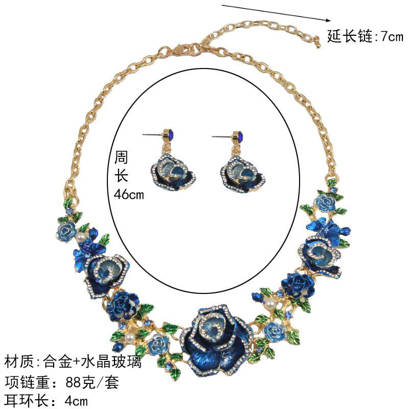 Colorful Flower Diamond Necklace Earrings Set Medieval Temperament Women'S Accessories