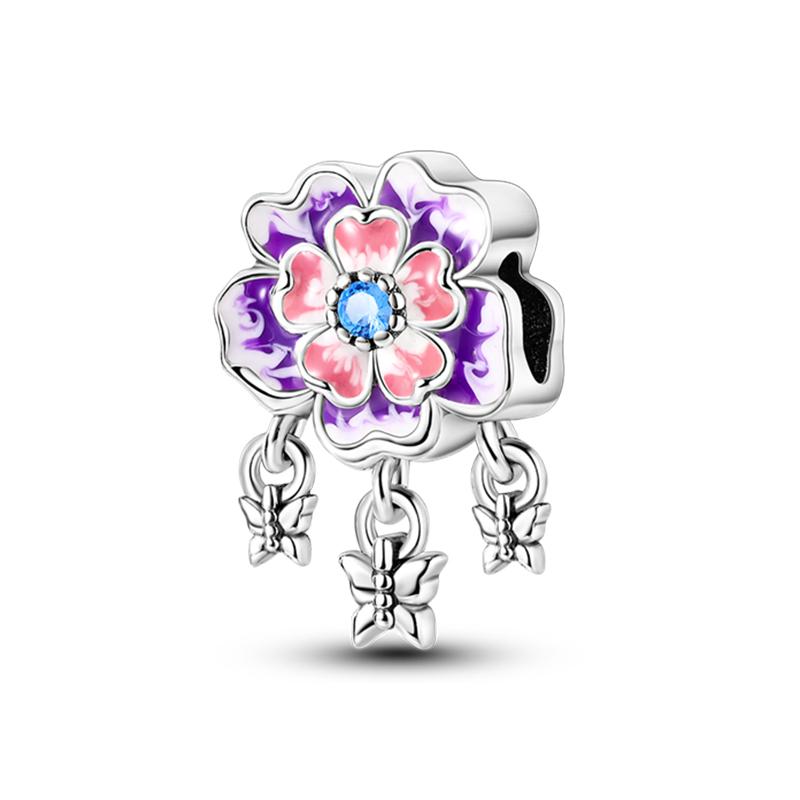 Spring 925 Silver Color Sakura Butterfly Flowers Charms Beads Fit Diy 925 Original Bracelets Fine DIY Jewelry Birthday Gifts