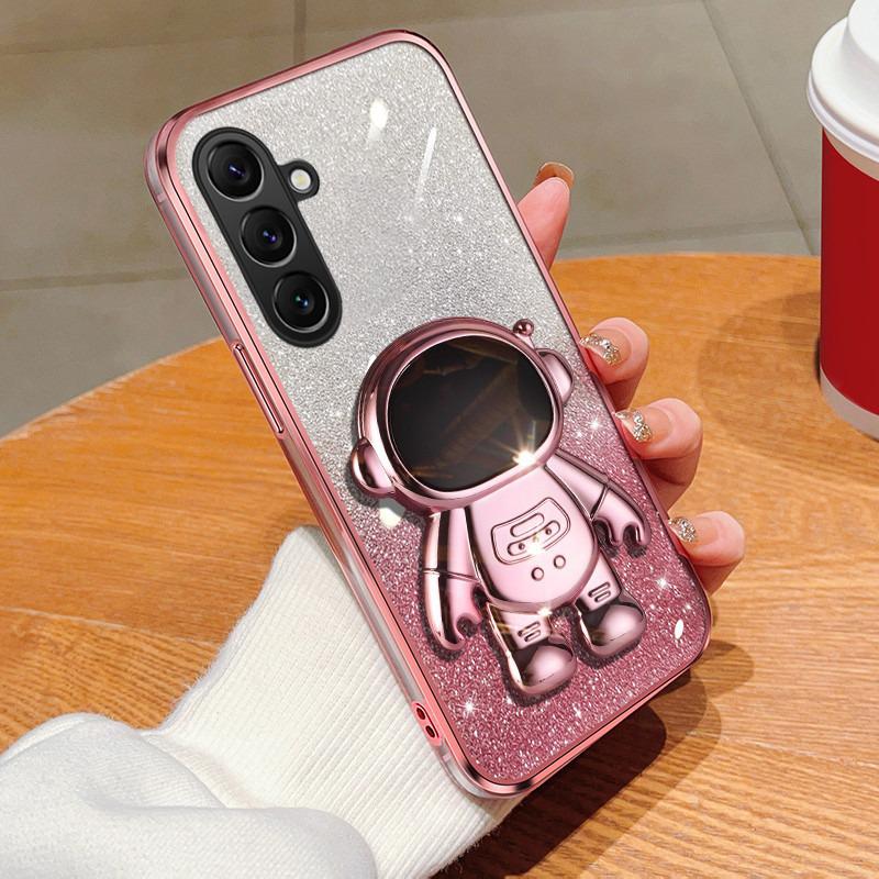 For Samsung Galaxy S25 FE / S26 FE Case Fashionable Frosted Silicone Soft Dustproof Bracket Adsorb + Electroplated astronaut bracket