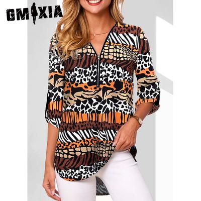 Женская рубашка свободного кроя с длинными рукавами и V-образным вырезом больших размеров с воротником на молнии