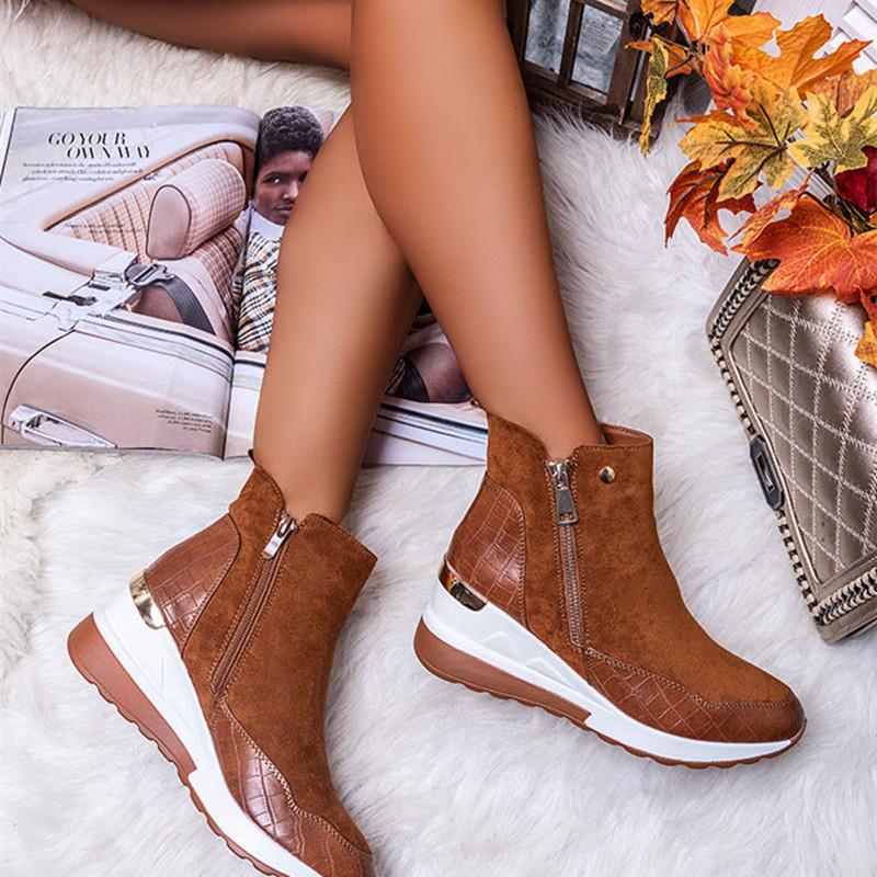 Женские зимние ботинки на танкетке, модные, осенне-зимние, на молнии, теплые, плюшевые, на твердой платформе, корейские, повседневные, короткие, ботильоны, хлопковая обувь