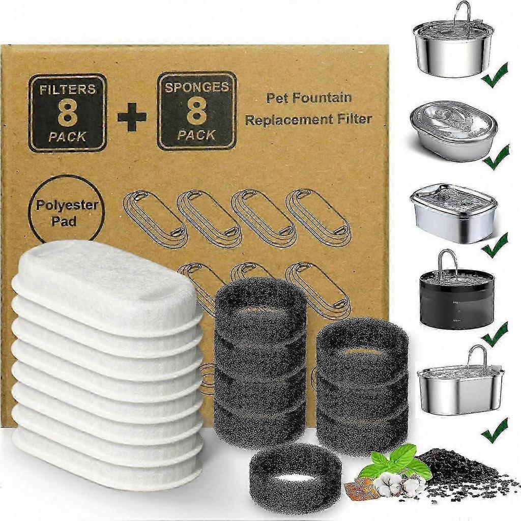 8 Pack Cat Water Fountain Replacement Filters for Stainless Steel 67oz/2L Adjustable Flow Pet Fountain
