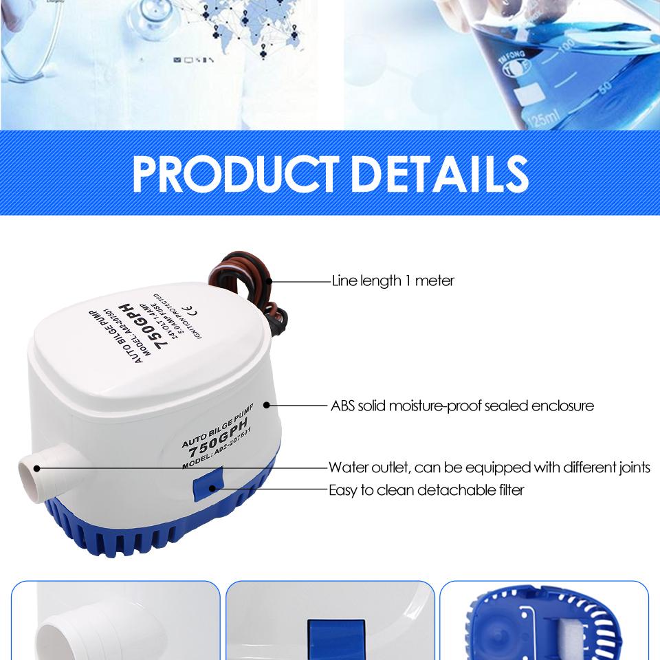 DC12V/24V Automatic bilge pump 600/750/1100GPH auto submersible boat water pump,electric pump for boats accessories marin