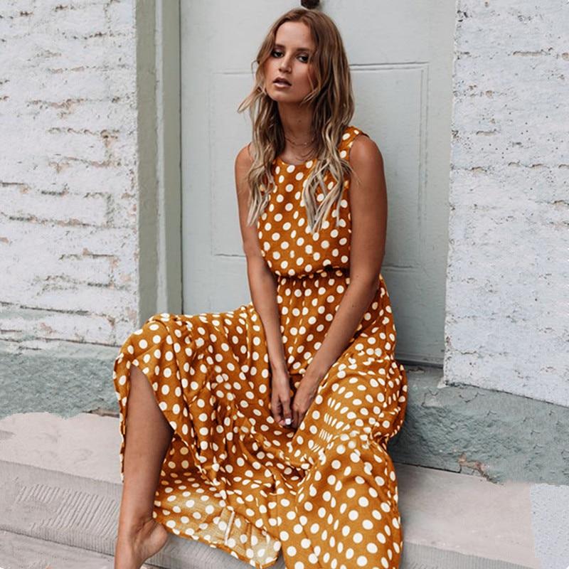 Summer Sexy O Neck Sleeveless Boho Polka Dot Print Maxi Dress New Casual Ladies Party Long Dress
