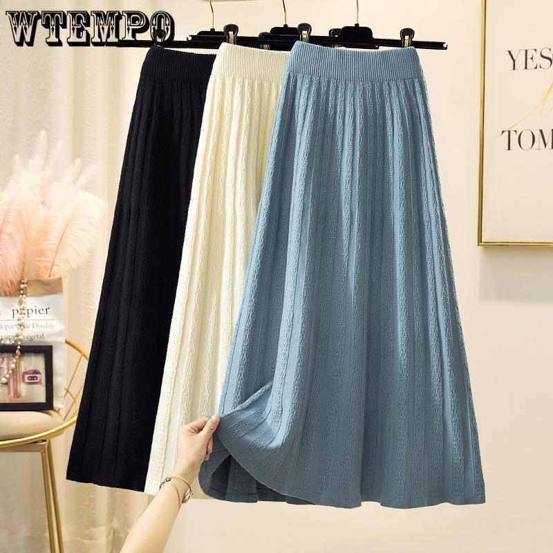 Вязаная юбка для женщин Осень и Зима с высокой талией средней длины А-силуэта плиссированная юбка