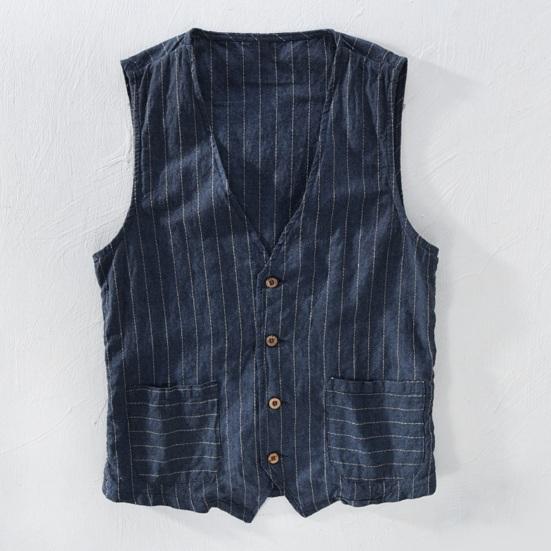 British Style Men Waistcoat V-neck Collarless Sleeveless Striped Print Vest Coat with Pockets Single Breasted Vest