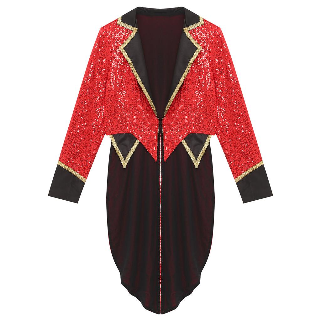 Womens Halloween Circus Sequin Tailcoat Notch Lapel Long Sleeve Open Front Tuxedo Outerwear Ringmaster Magician Costumes