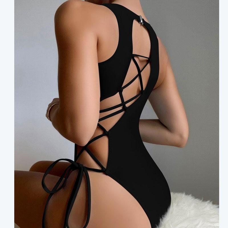 Women's One-Piece Fashion Lace-Up Sexy Solid Color Swimsuit (With Chest Pad Without Steel Bra)