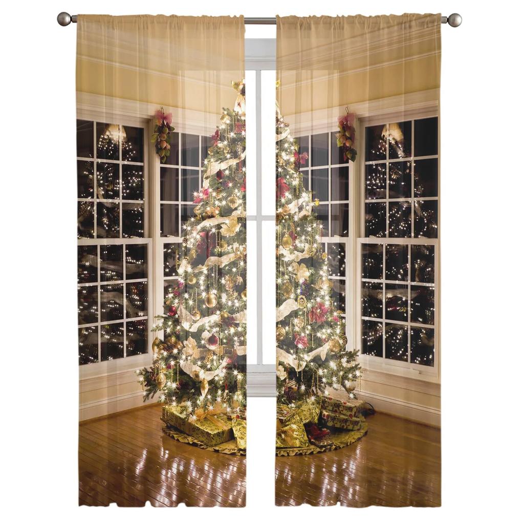 Christmas Tree Lights Christmas Theme Window Tulle Curtains For Living Room Kitchen Christmas Home Decor Sheer Voile Curtains