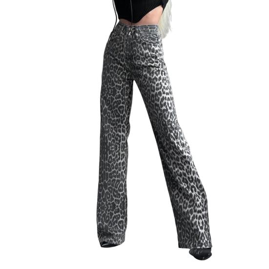 Женские широкие джинсы с высокой талией и пуговицами на молнии, длинные брюки с леопардовым принтом, свободные длинные брюки, карманы, дизайн, повседневные брюки