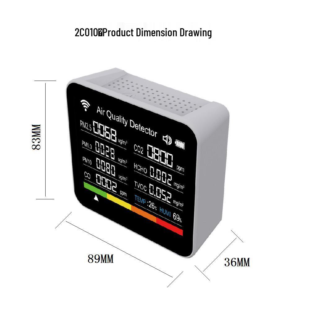 2Co10 14-in-1 Smart Air Detector with App & WiFi - Monitors CO2, CO, PM2.5, Formaldehyde, TVOC