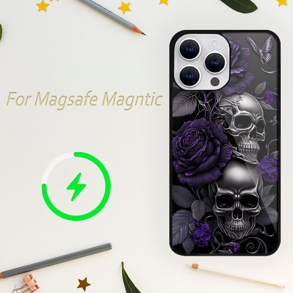 Роскошный чехол для телефона Skull Dead Flowers для iPhone 15 14 13 12 11 Plus Pro Max Magsafe Magnetic Wireless Charger