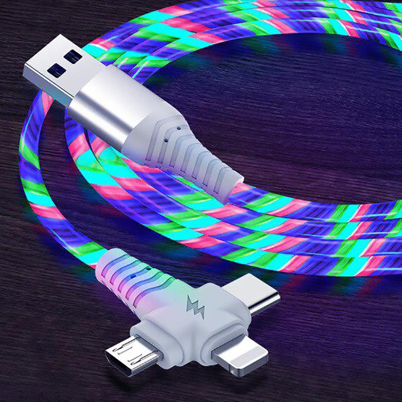VAORLO Светящийся зарядный кабель 3 в 1, USB-кабель для быстрой зарядки 2.1A со светящимся освещением для Samsung iphone XiaoMi HuaWei