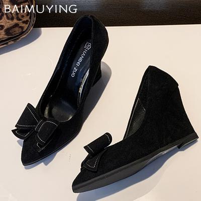 Женские туфли на танкетке с бантом, замшевые туфли с острым носком, сексуальные туфли на высоком каблуке, 2025, трендовое зимнее платье для вечеринки, дизайнерские женские туфли