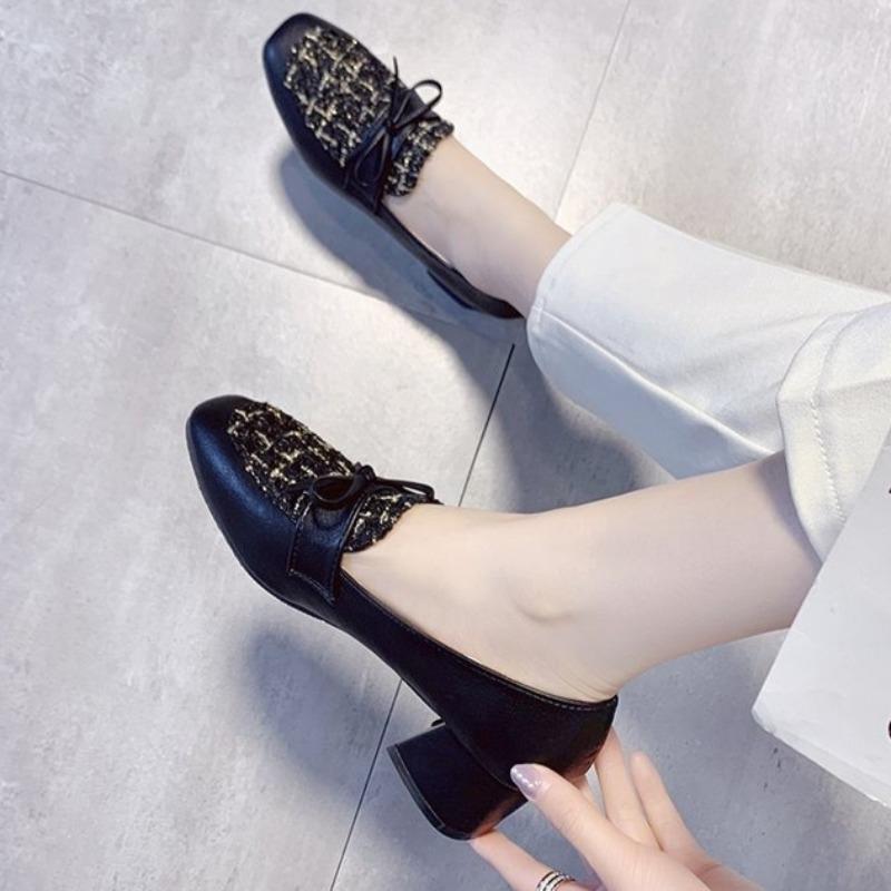 Fashion Lady Heels Fall New Square Toe Deep Mouth Spliced Bow Slip Foot Anti-Slip Wear-Resistant Block Heel Single Shoes